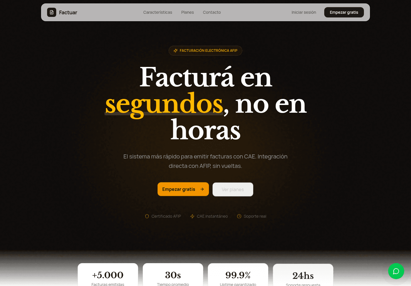 Página pública de Factuar en escritorio: presentación del sistema de facturación electrónica