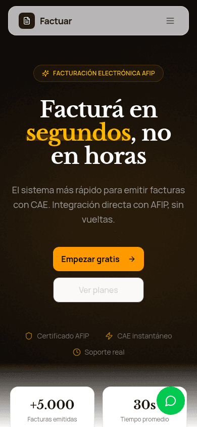 Versión móvil de la página pública de Factuar